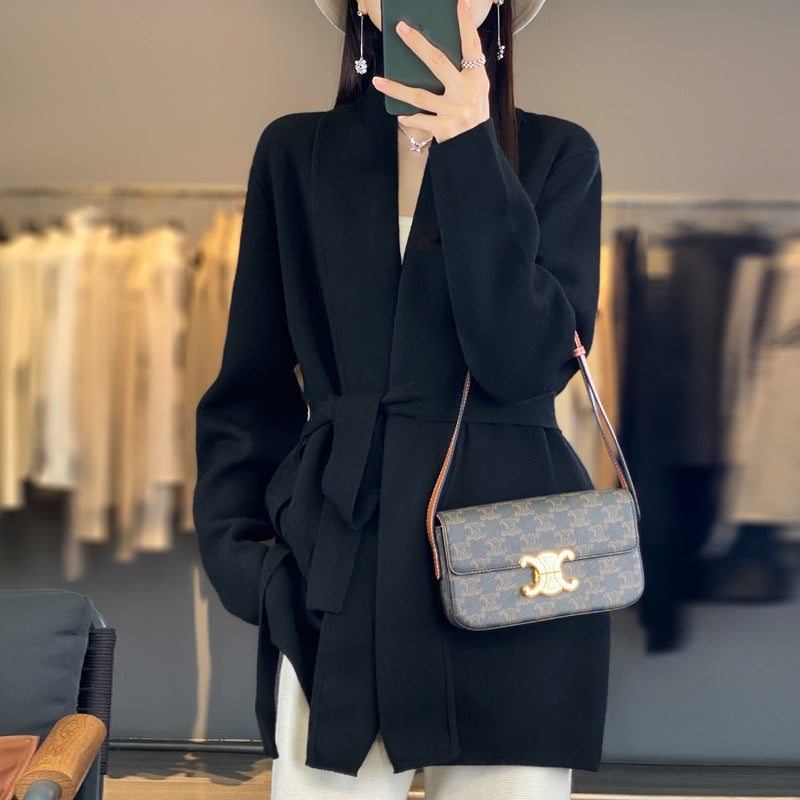 Damen Modische Strickjacke mit Gürtel Drune