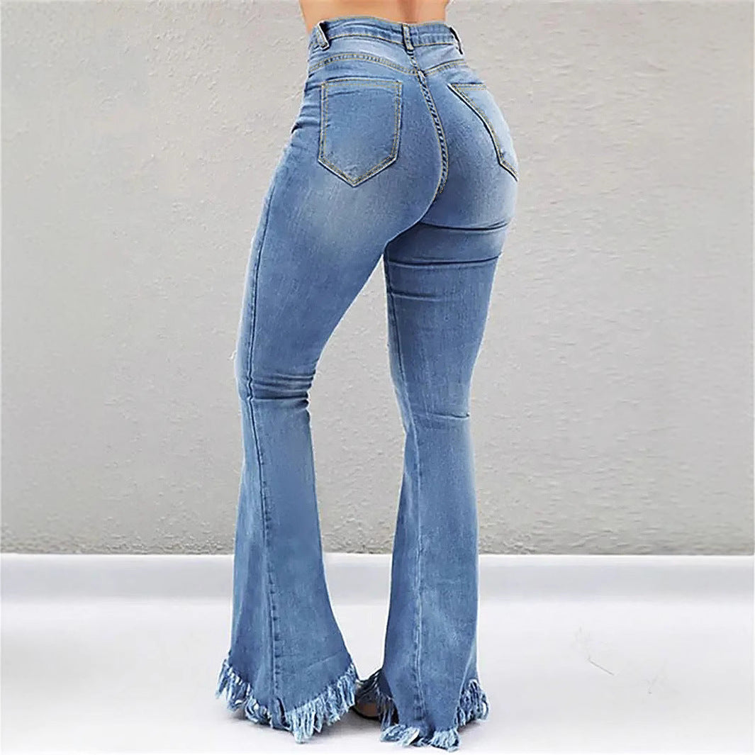 Damen High-Waist Flared-Jeans mit sculptendem Schnitt, Destroyed-Kniepartien und fransigem Volant-Saum Drune