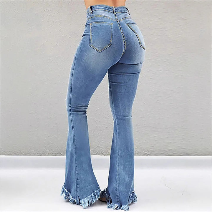 Damen High-Waist Flared-Jeans mit sculptendem Schnitt, Destroyed-Kniepartien und fransigem Volant-Saum Drune