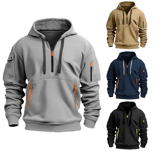 Herren nan funktionaler Kapuzenpullover mit halbem Reißverschluss, verschließbaren Taschen und Ärmel-Tasche Drune