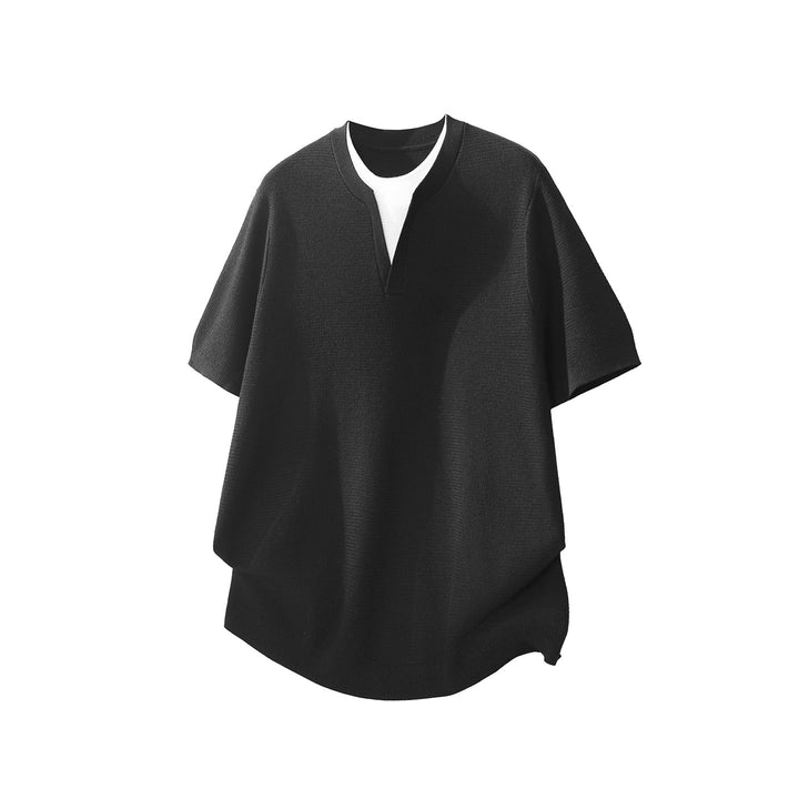 Herren Kurzarm-Strickshirt mit strukturierter Waffeloptik und V-Notch-Kragen Drune