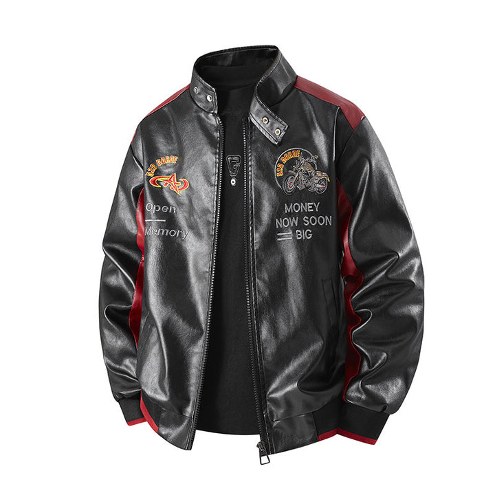 Herren Modische Kunstlederjacke mit aufwendiger Stickerei Drune