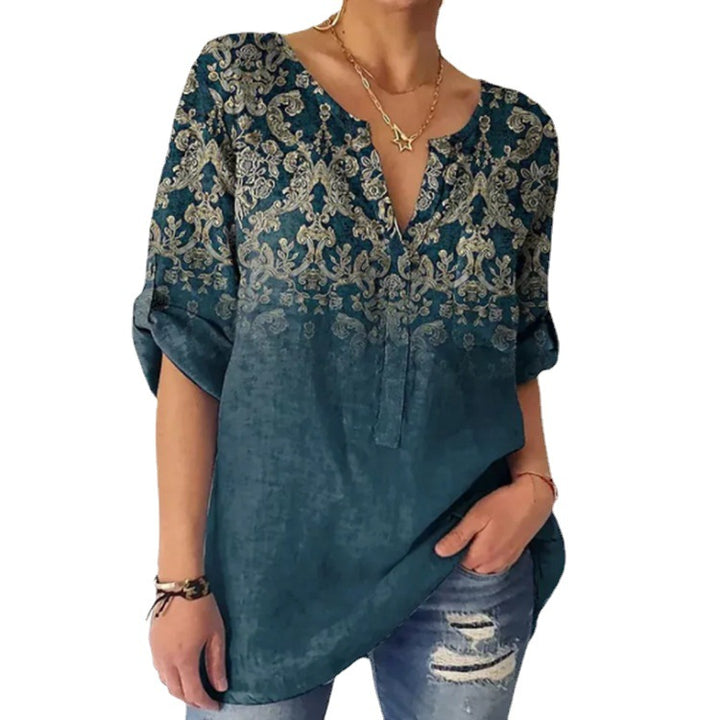 Damen nan V-Ausschnitt-Tunika im Leinenlook mit ornamentalem Bordürenprint, krempelbaren Ärmeln und gerundetem Saum Drune