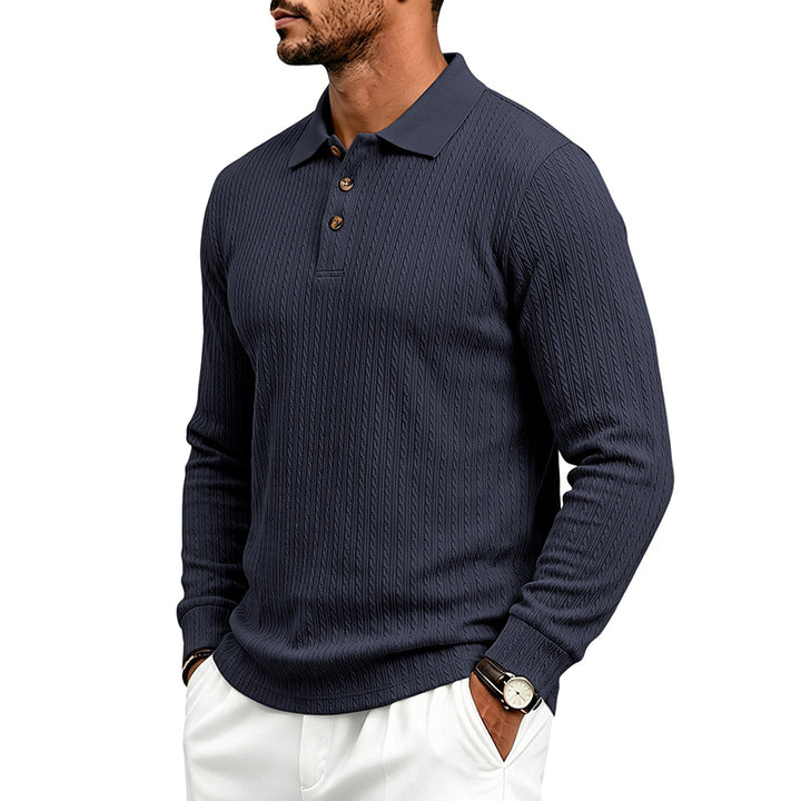 Herren Strukturiertes Langarm-Polo aus Feinstrick mit Zopfmuster und Knopfleiste Drune