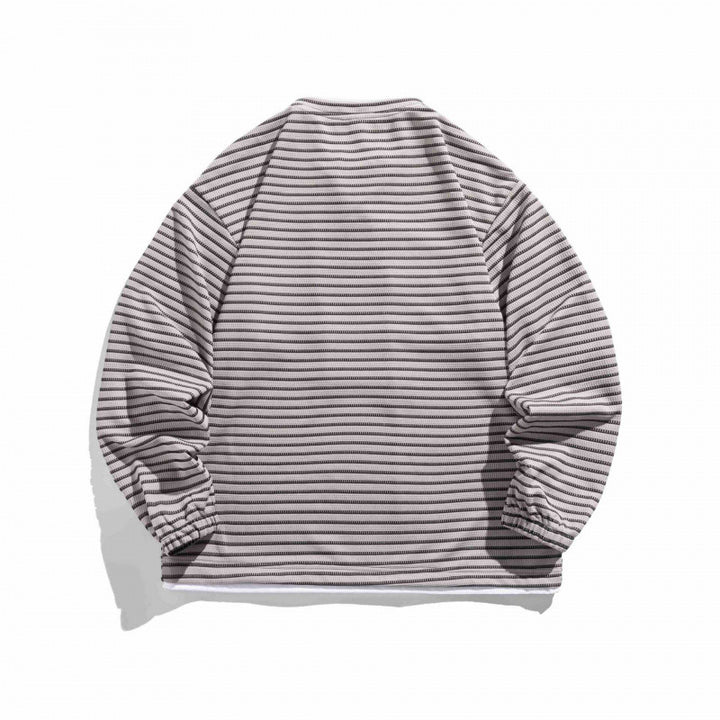 Unisex Gestreifter Oversize-Pullover mit Schnürkragen und Strukturstrick Drune