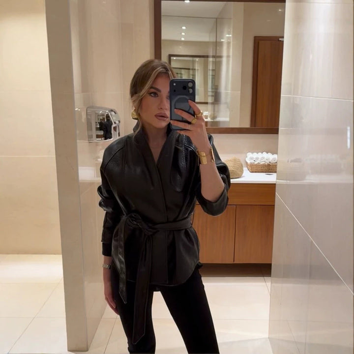 Damen Taillierte Lederjacke mit Wickelgürtel und Kimono-Kragen Drune