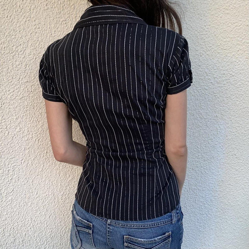 Damen taillierte Kurzarmbluse mit Streifenmuster Drune
