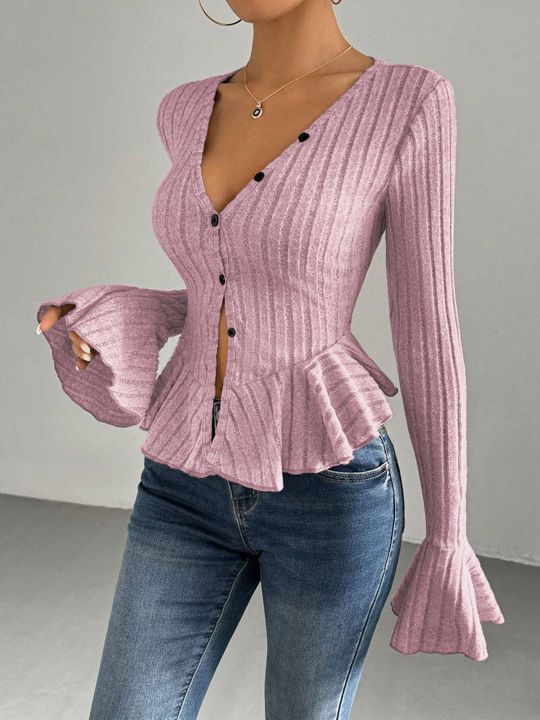Damen Strickoberteil mit raffiniertem Kellerfalten-Design und Knopfleiste Drune