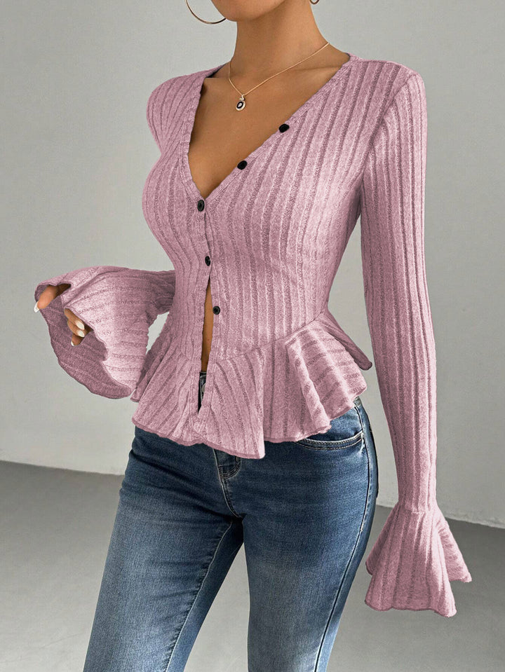 Damen Strickoberteil mit raffiniertem Kellerfalten-Design und Knopfleiste Drune