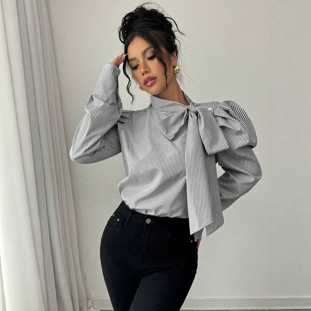 Damen Popeline-Bluse mit Stehkragen, großem Schleifenband und Ballonärmeln Drune