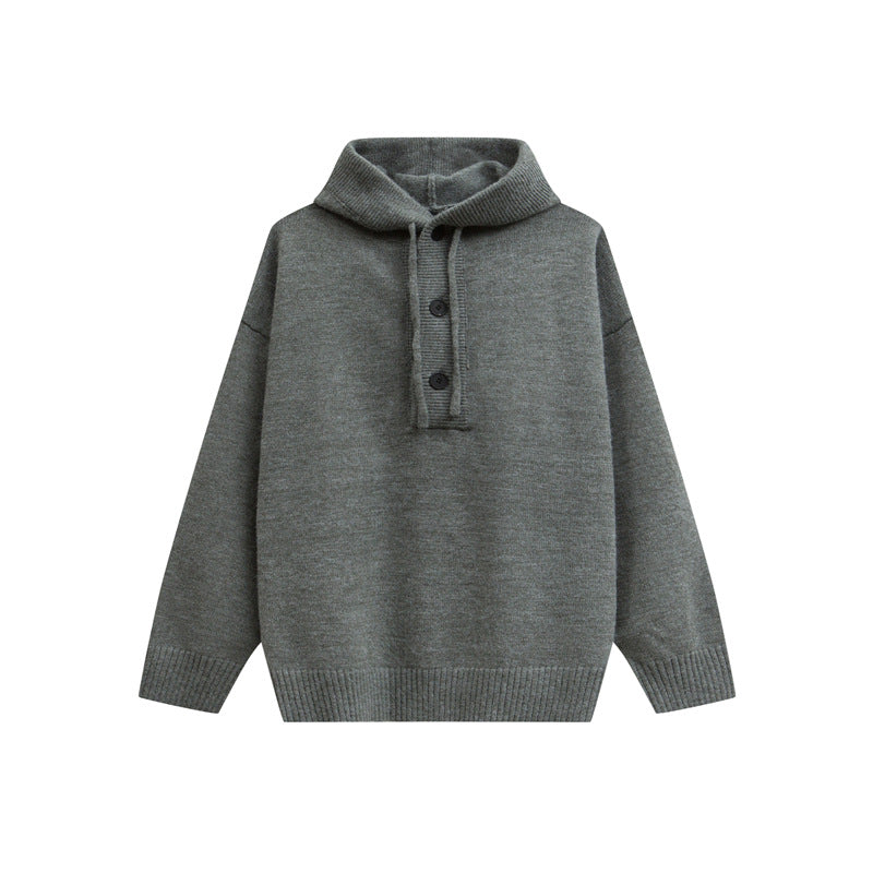Damen Oversize Kapuzenstrickpullover mit halber Knopfleiste und Rippbündchen Drune