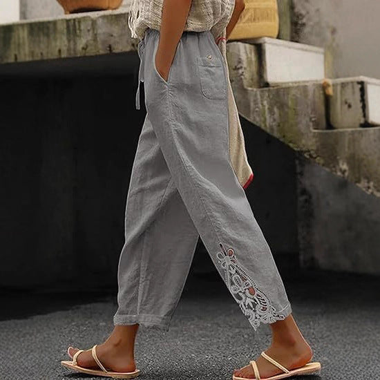 Damen luftige Leinenhose mit dekorativen Stickereien Drune