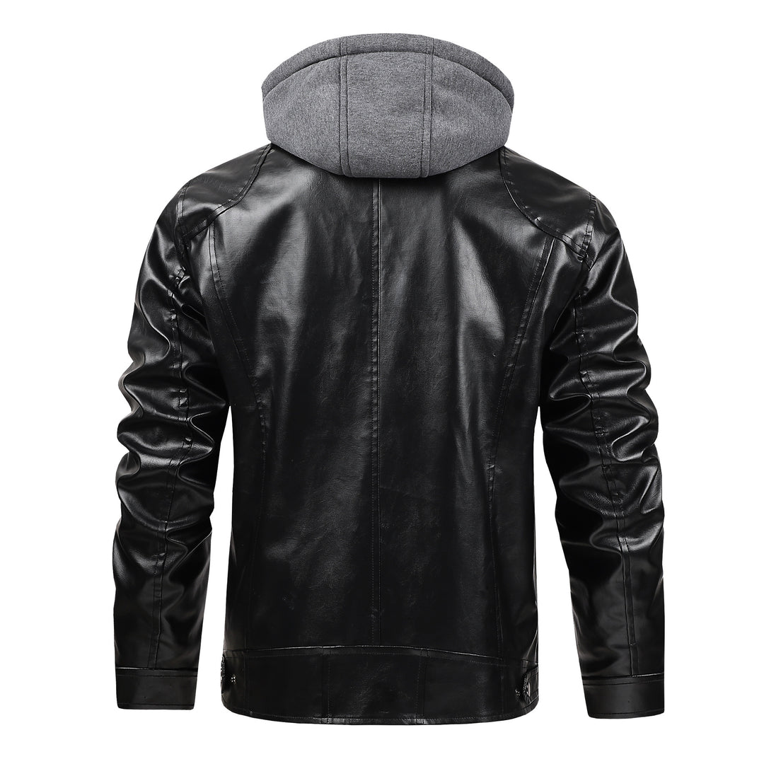 Herren modische Kunstlederjacke mit abnehmbarer Kapuze Drune