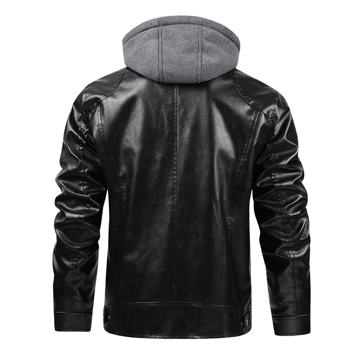 Herren modische Kunstlederjacke mit abnehmbarer Kapuze Drune