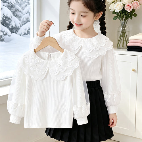 Mädchen Bluse mit Spitzenkragen und transparenten Ärmeln Drune