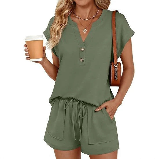 Damen Lässiges zweiteiliges Lounge-Set mit Knopfleiste, Kordelzugshorts und Eingrifftaschen Drune