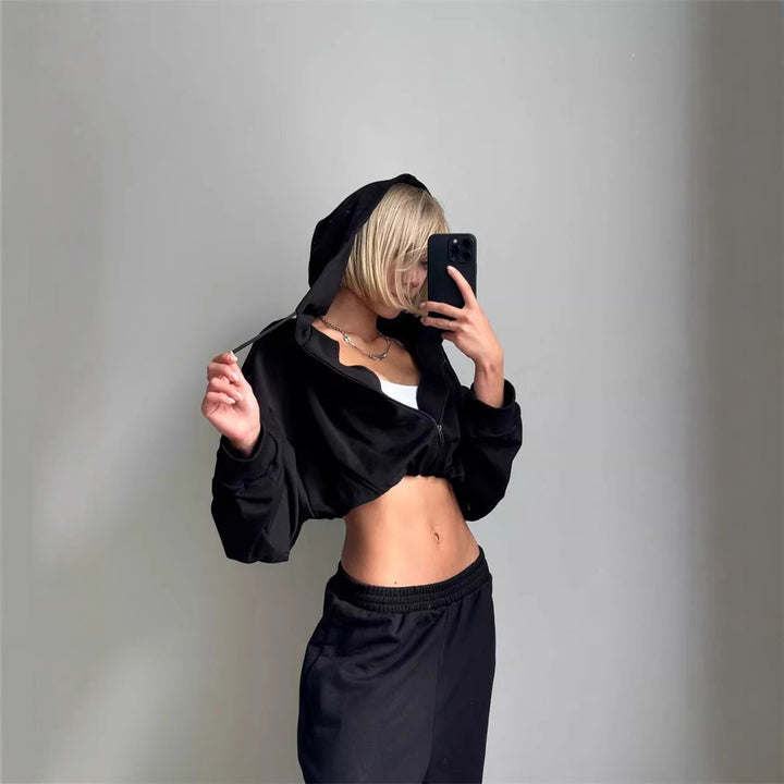 Damen cropped Kapuzenzipper mit Ballonärmeln und elastischem Saum Drune