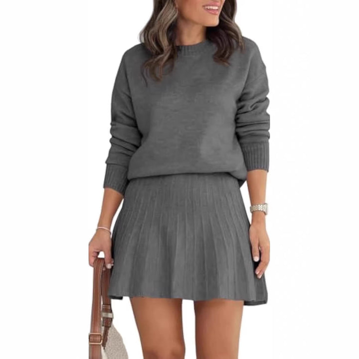 Damen Zweiteiliges Strick-Set mit Rundhals-Pullover und Plissée-Minirock Drune