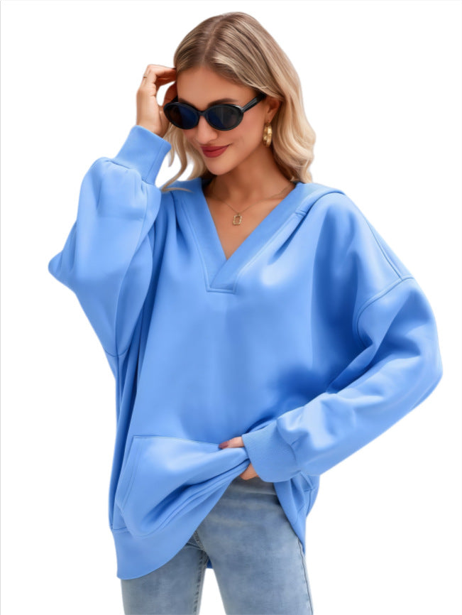 Damen Oversize V-Ausschnitt Hoodie mit Kapuze, Kängurutasche und verlängertem Saum Drune