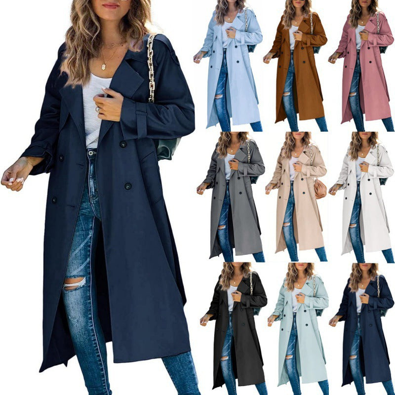 Damen eleganter Trenchcoat mit doppelt Reihe Knopfverschluss und Taillengürtel Drune