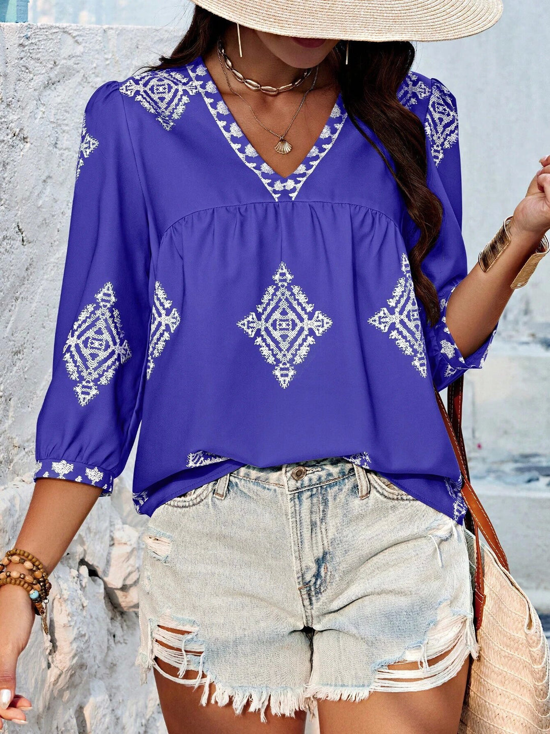 Damen Locker geschnittene Boho‑Bluse mit V‑Ausschnitt, geraffter Brustnaht und dreiviertelärmeln Drune