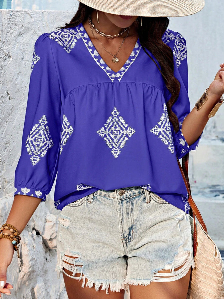 Damen Locker geschnittene Boho‑Bluse mit V‑Ausschnitt, geraffter Brustnaht und dreiviertelärmeln Drune