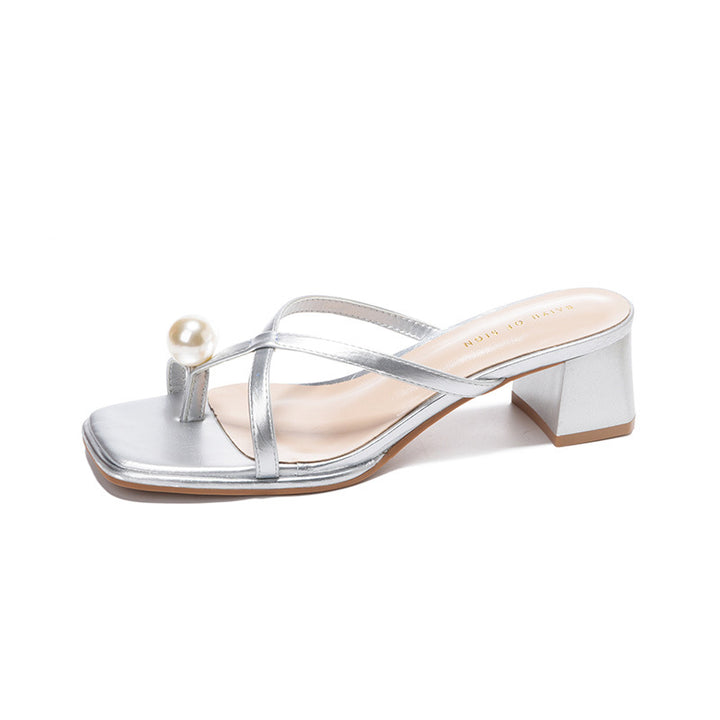 Frauen elegante Block-Absatz Slide Sandalen mit Perlen Detail Drune