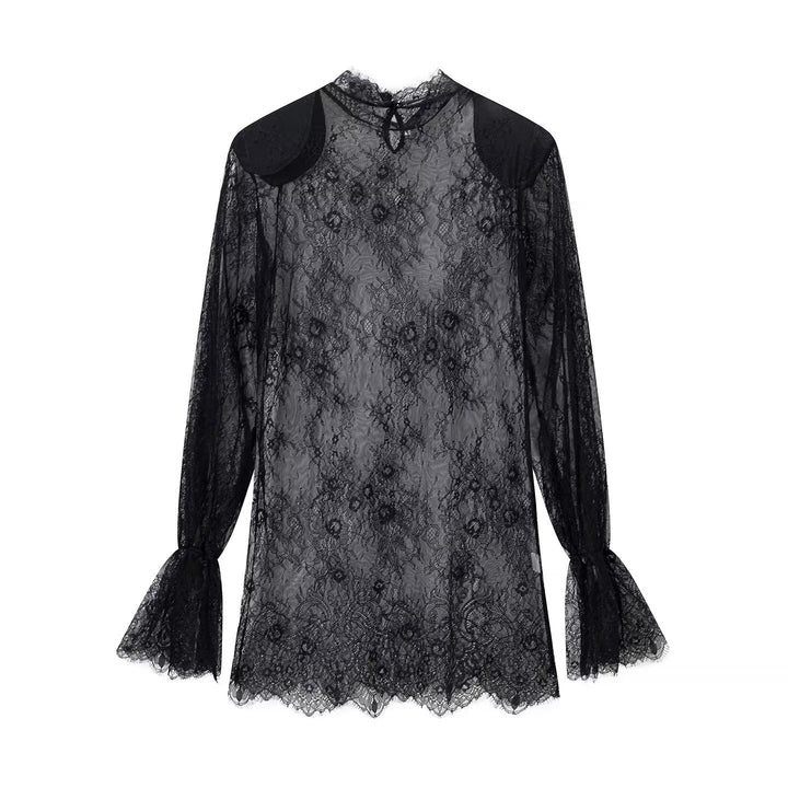 Damen transparente Spitzenbluse mit Stehkragen, Trompetenärmeln und Spitzensaum Drune