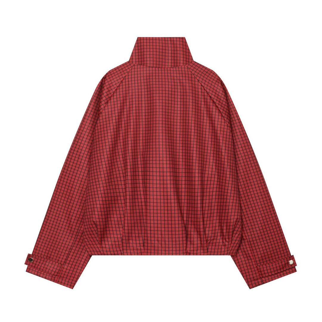 Damen Kariertes Cropped-Bomberjacke mit hohem Stehkragen, elastischem Saum und durchgehendem Reißverschluss Drune