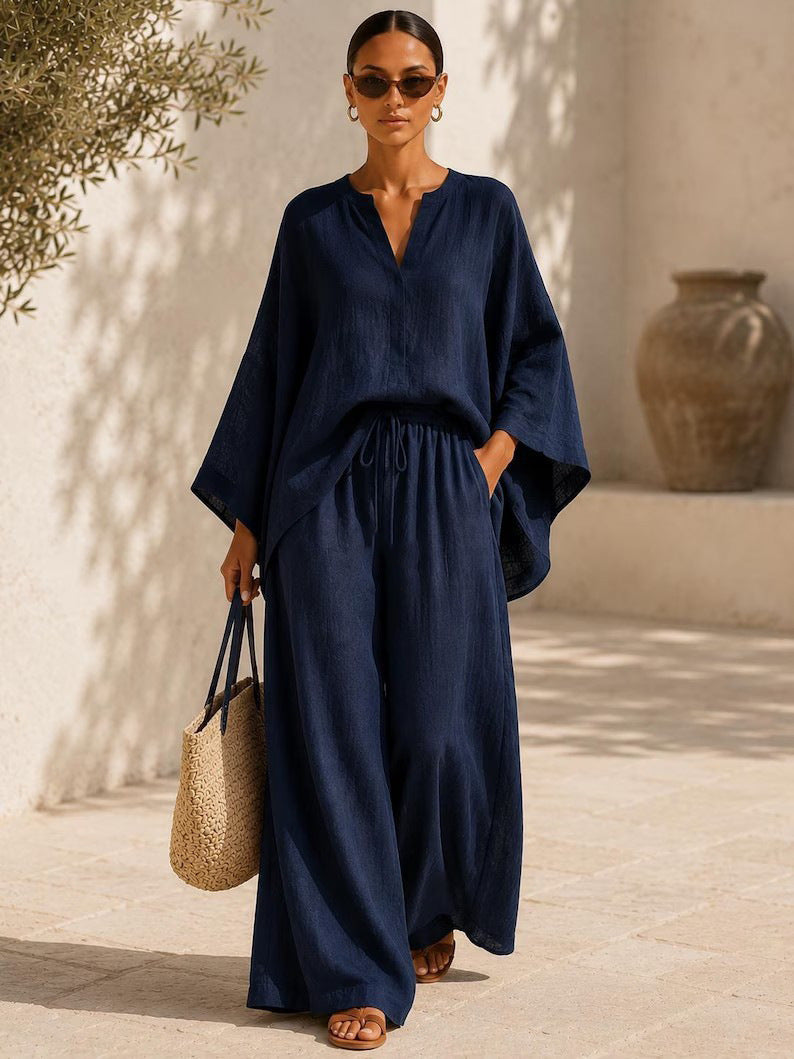 Damen Leichte Leinenmischung Übergroße Kaftan-Oberteil und Kordelzug Weitbein-Hosen Set Drune