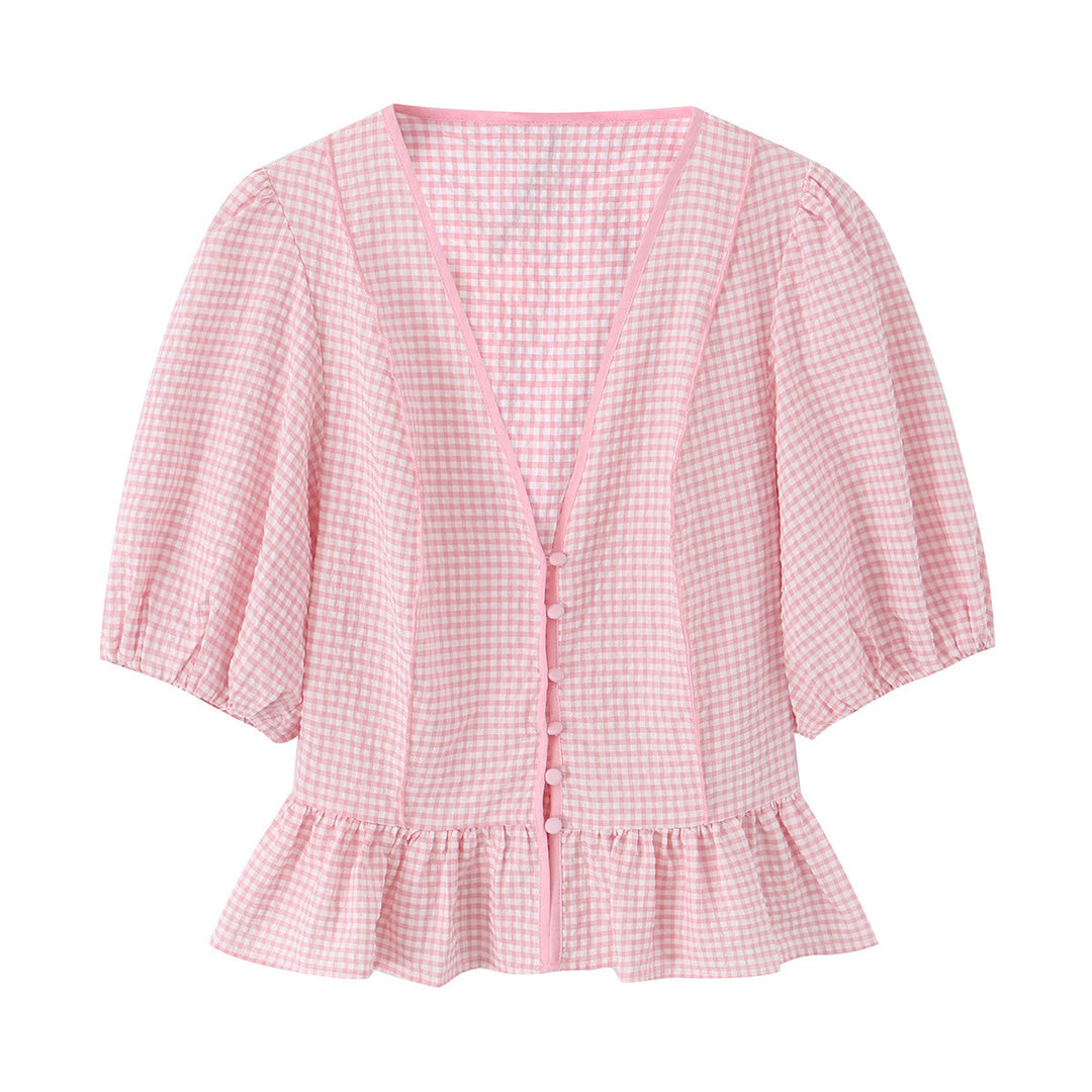 Damen Vichy-Karo Bluse mit tiefem V-Ausschnitt, Puffärmeln und Schößchen Drune
