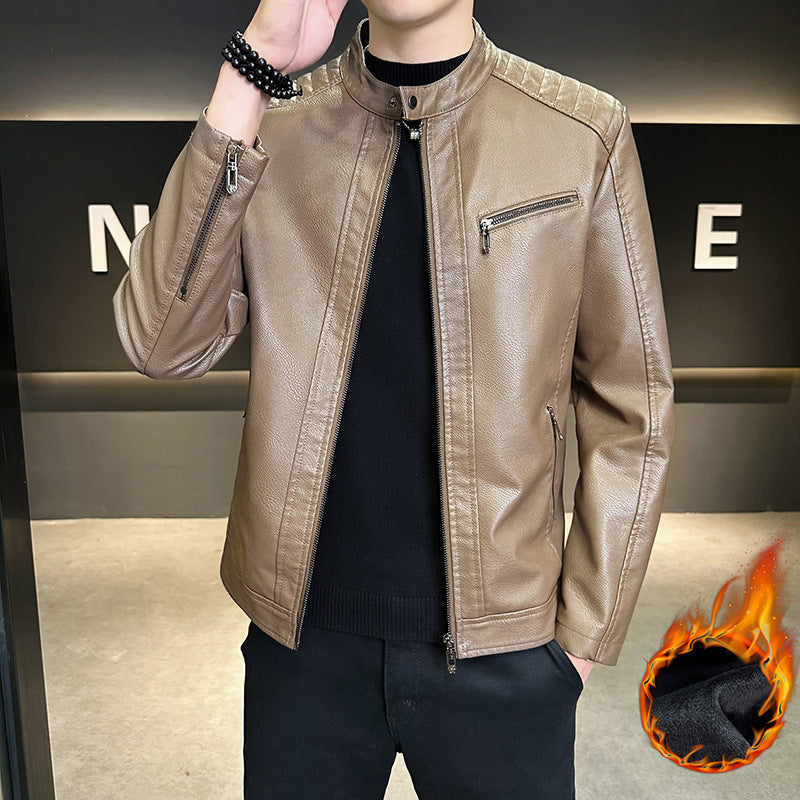 Herren Modische Kunstlederjacke mit praktischem Stehkragen Drune