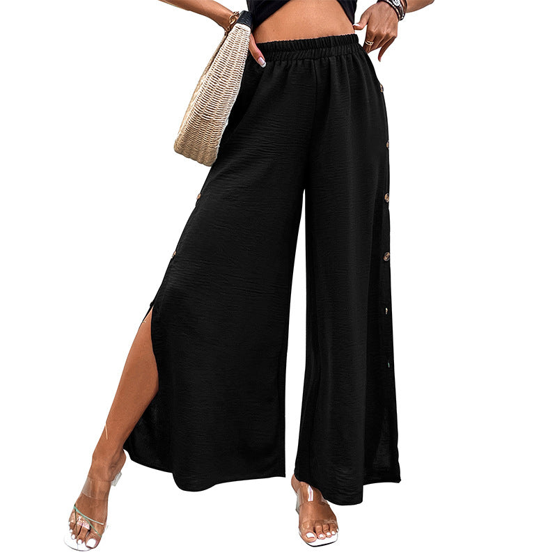 Damen Weite Palazzo-Hose mit elastischem Bund, Seitenschlitz und Zierknopfleiste Drune