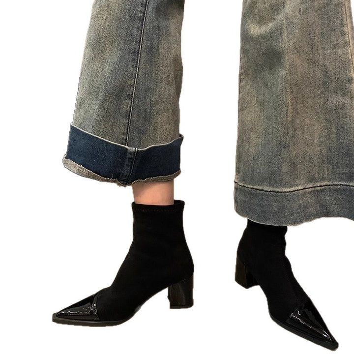 Damen Spitz zulaufende Stiefelette mit Wildlederschaft, patentierter Zehenkappe und sculpted Blockabsatz Drune