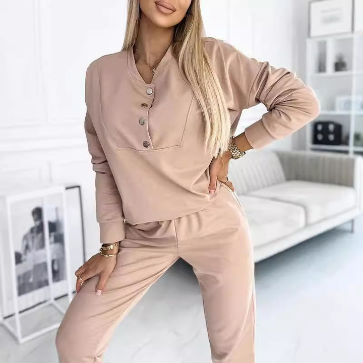 Damen Bequemes Freizeitanzug Set mit Knopfdetails Drune