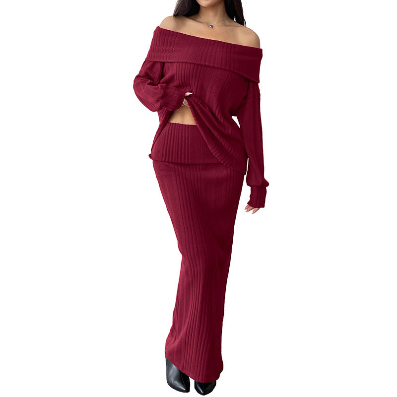 Damen Schulterfreies Rippstrick-Set mit Off-Shoulder-Oberteil und figurbetontem Maxirock Drune