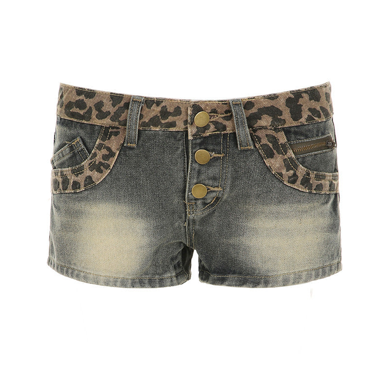 Damen Leoprint Denim-Shorts mit Knopfdetails und elastischem Bund Drune