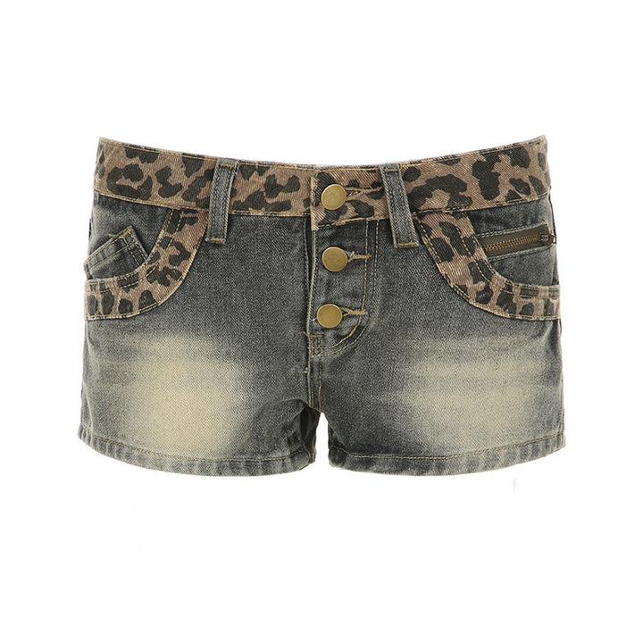 Damen Leoprint Denim-Shorts mit Knopfdetails und elastischem Bund Drune