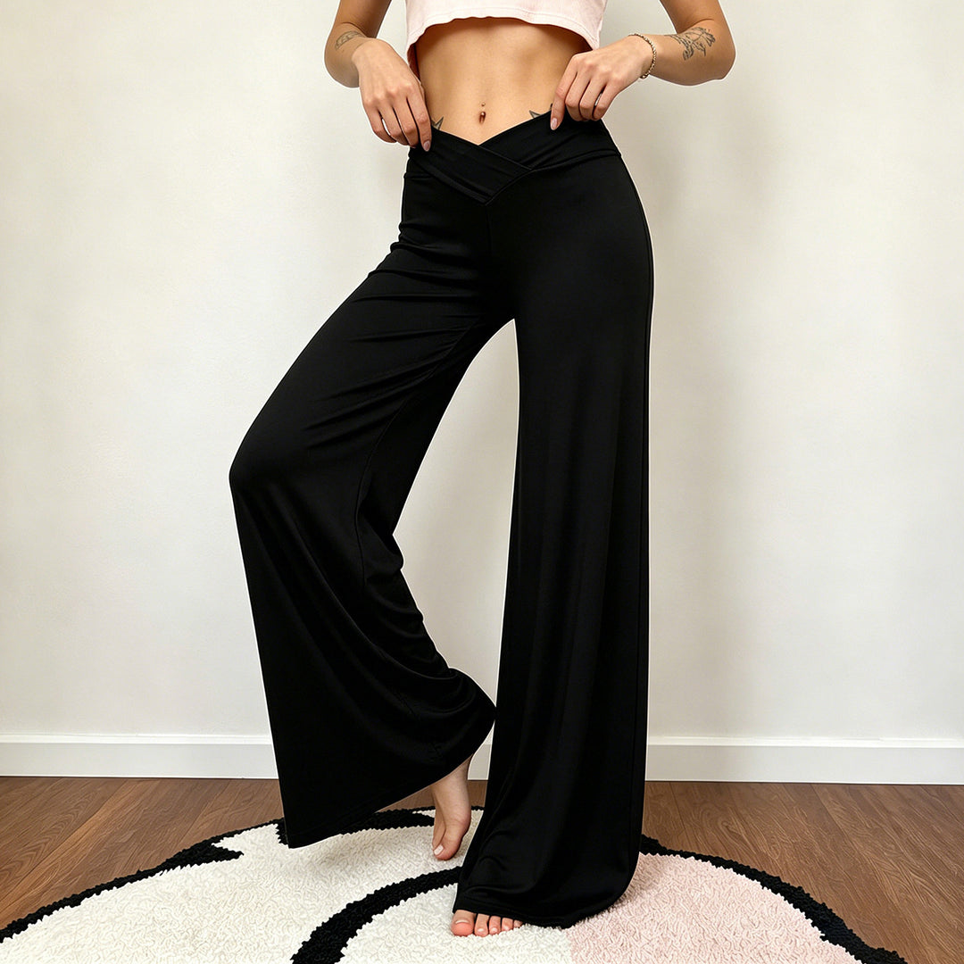 Damen Weite Palazzo-Hose mit V-Bund, Stretch-Jersey und hoher Taille Drune