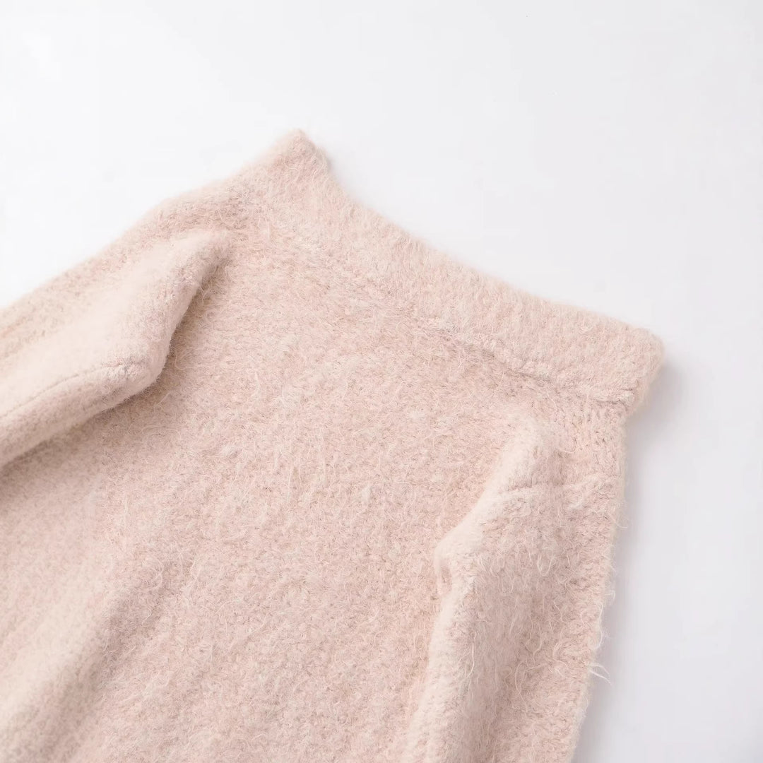Damen Flauschiger Strickpullover mit weitem Bootkragen und Spitzenbesatz Drune