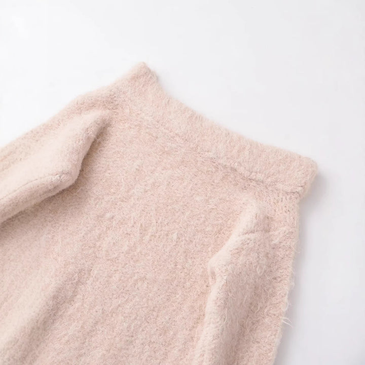 Damen Flauschiger Strickpullover mit weitem Bootkragen und Spitzenbesatz Drune