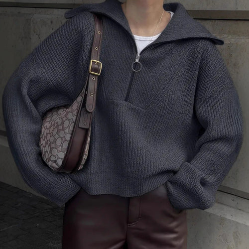 Damen modischer Strickpullover mit hohem Kragen und Reißverschluss Drune
