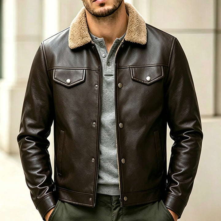 Herren Kunstlederjacke mit Teddykragen Drune