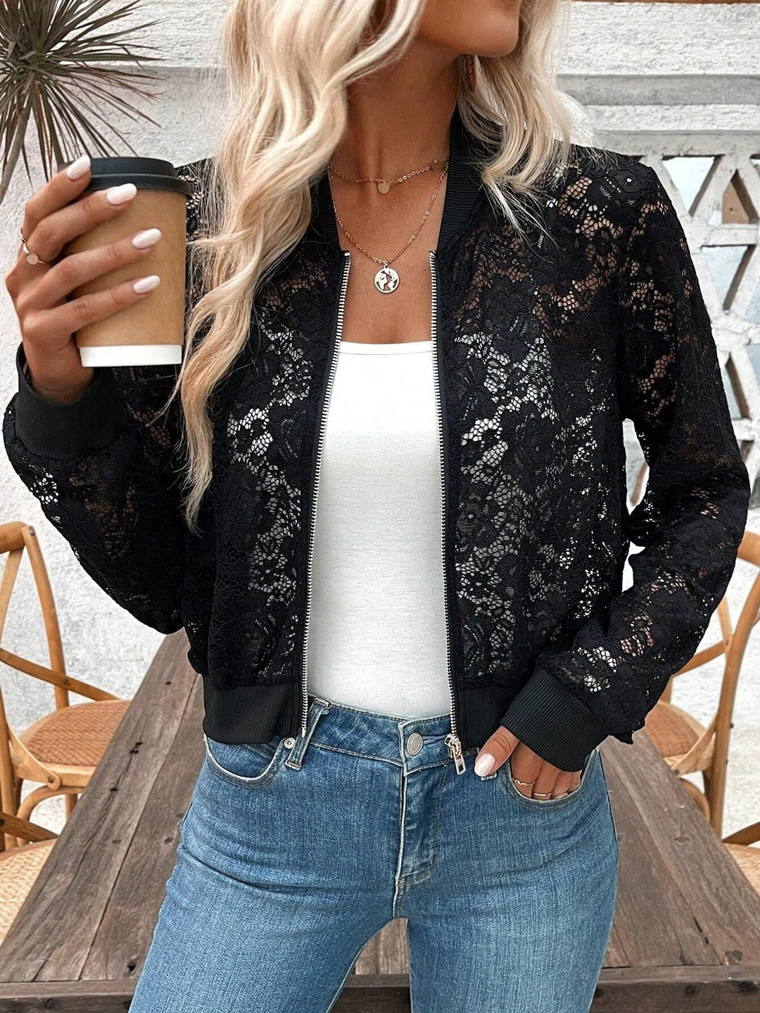 Damen Spitzenoptik Bomberjacke Drune