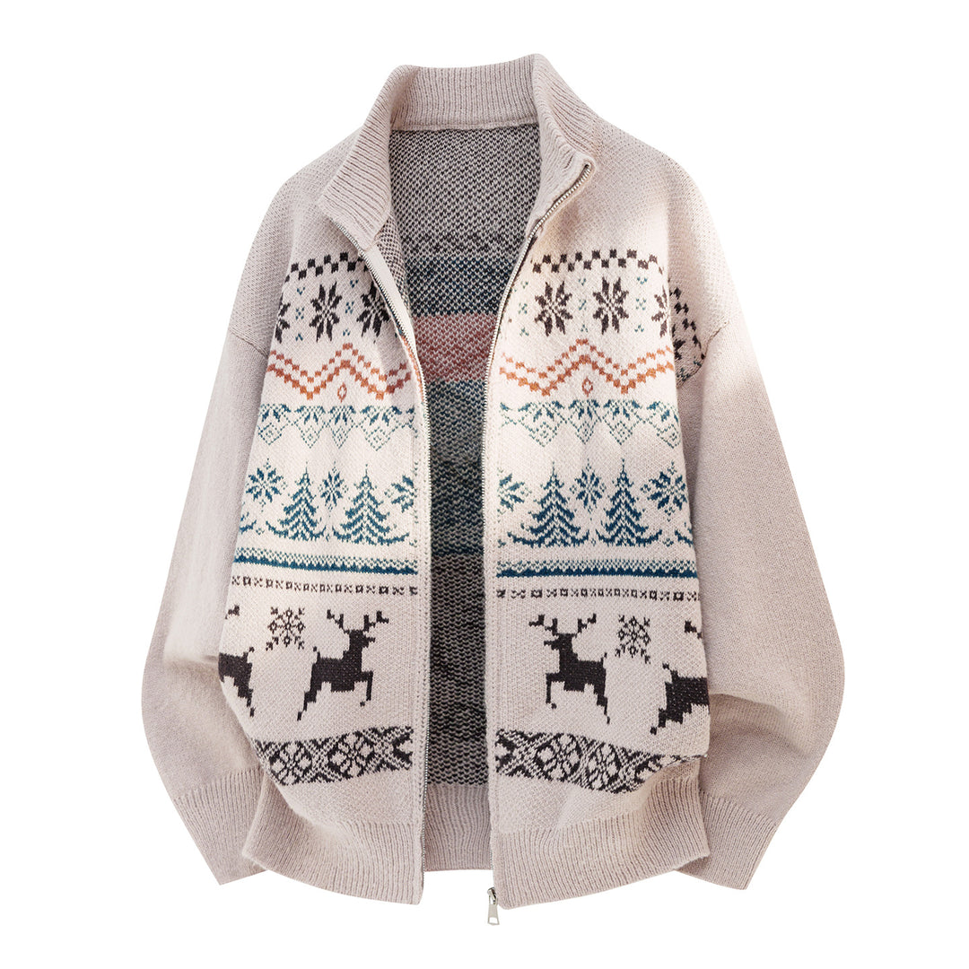 Unisex Zip-Strickjacke im Norwegerstil mit hohem Kragen und Kassettenmuster Drune