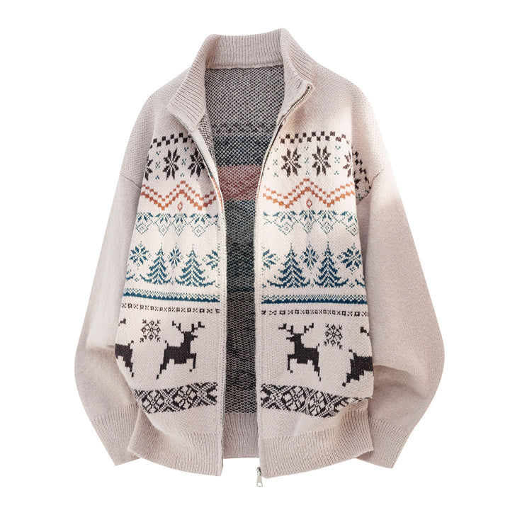 Unisex Zip-Strickjacke im Norwegerstil mit hohem Kragen und Kassettenmuster Drune