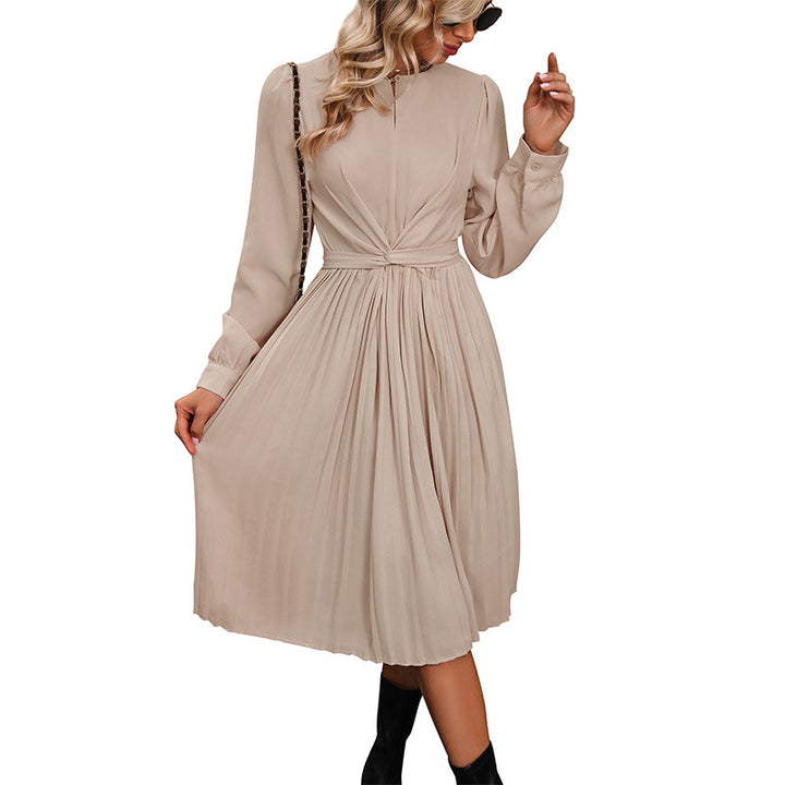 Damen Plissiertes Midikleid mit eleganter Taillierung und langem Ärmel Drune