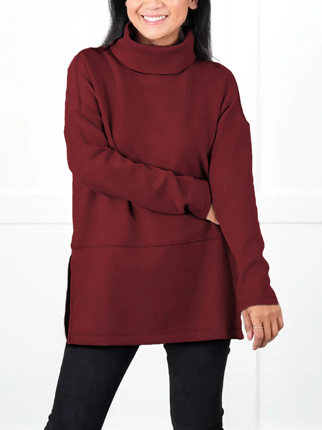 Damen Oversize Sweat-Tunika mit hohem Rollkragen, seitlichen Schlitzen und verlängertem Saum Drune