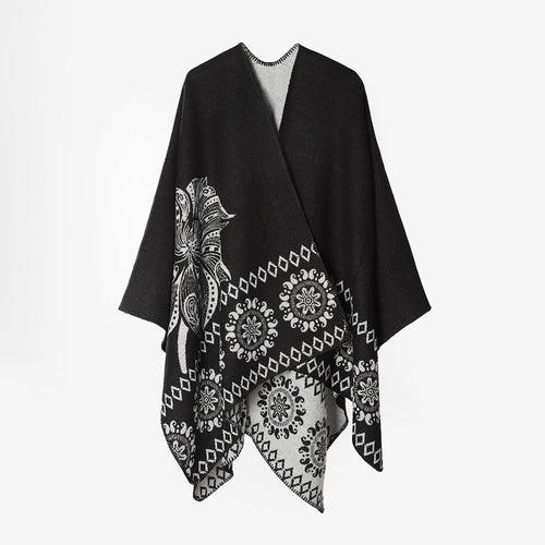 Damen Reversibler Muster-Capeponcho aus Wollmix mit floralen Medaillon-Details Drune
