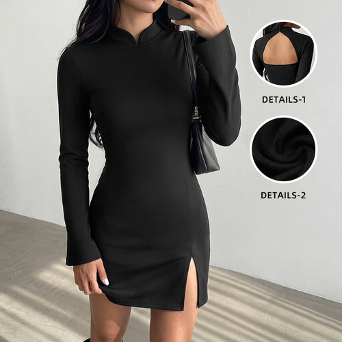 Damen Elegantes Kleid mit Stehkragen und langem Arm Drune